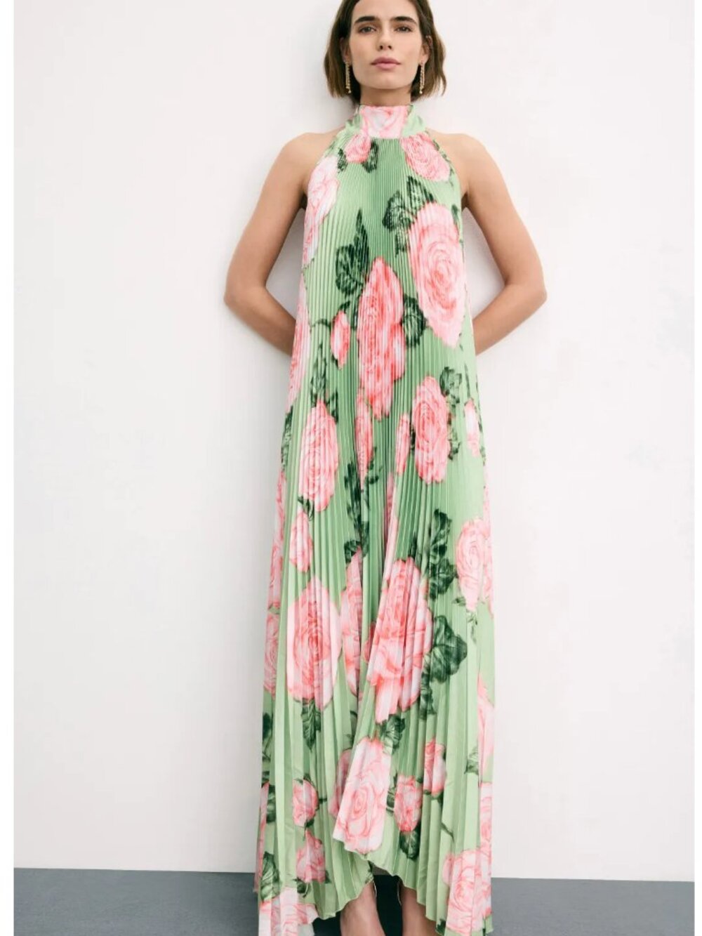 L'IDÉE Olympia Pleated Halter Asymmetrical Gown in Fleur Rose Size 4, Small